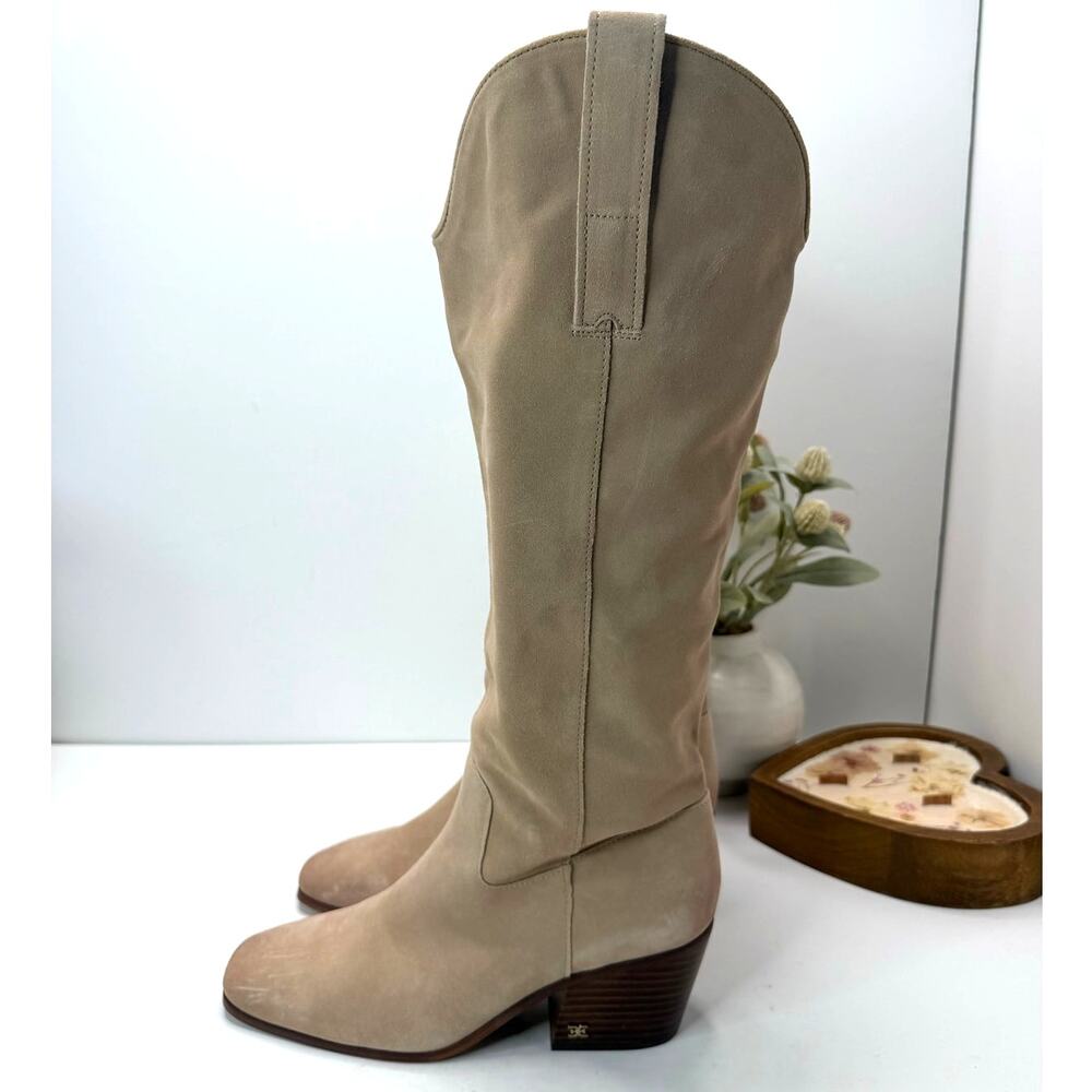 Sam Edelman Suede Knee High Chunky Heel Boots Qtr. Side Zip Tan Women's 8